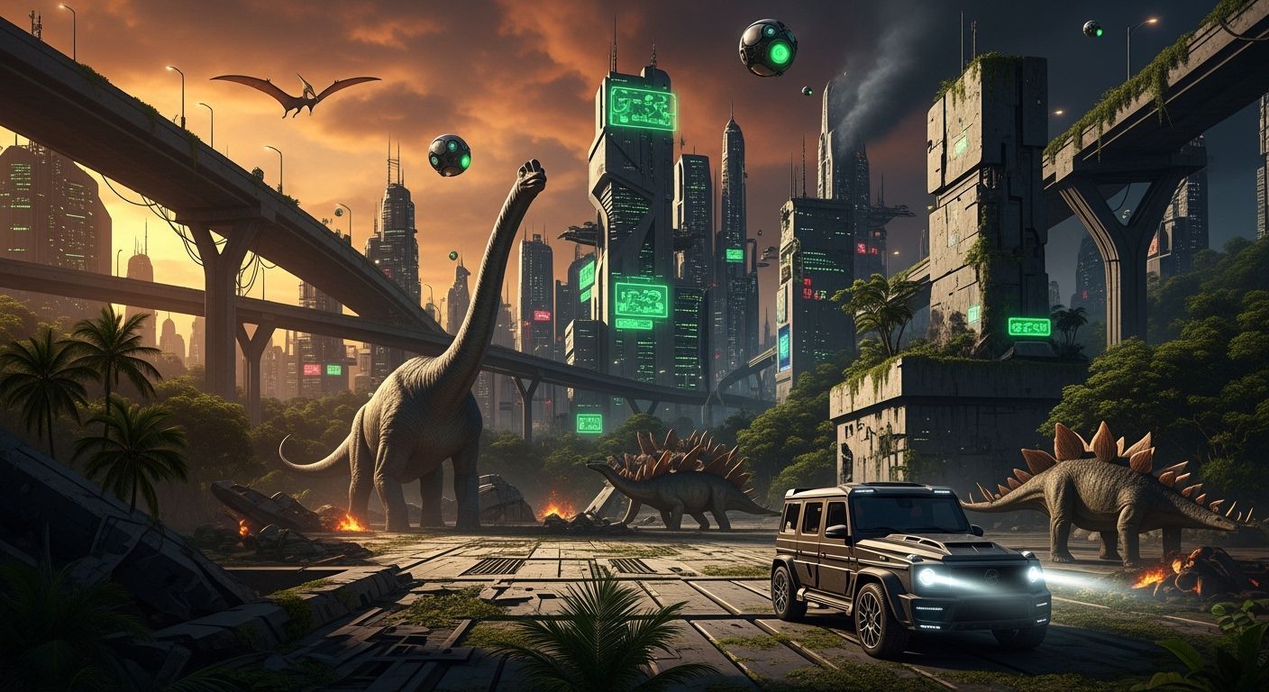 Futuristic Metropolis with Dinosaurs and Drones