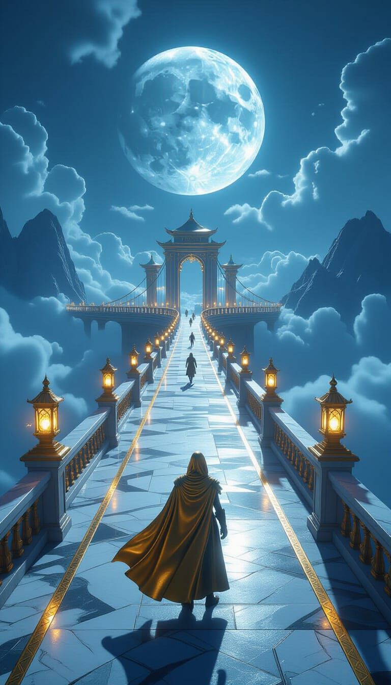 Cinematic Race on Floating Bridge Under Colossal Moon