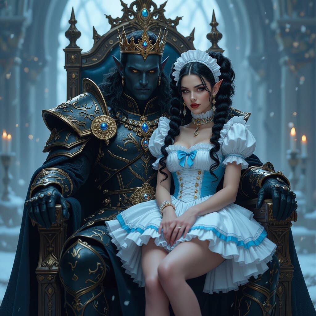 Dark Elf King with Maid in Opulent Palace