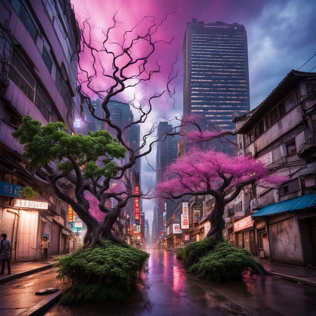 Post-Apocalyptic Seoul Skyline with Giant Twisted Tree