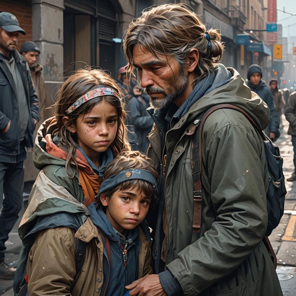 A child helping out a homeless person.