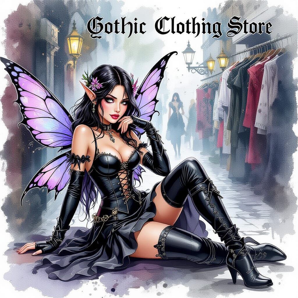 Gothic Fairy Lounging in Alcohol Ink Style