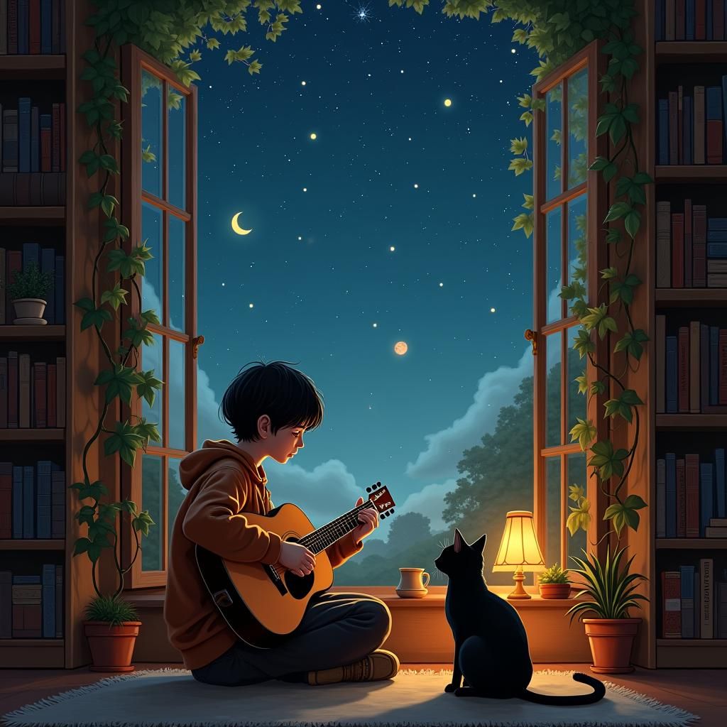 Cozy Nighttime Serenity with Guitar and Stargazing