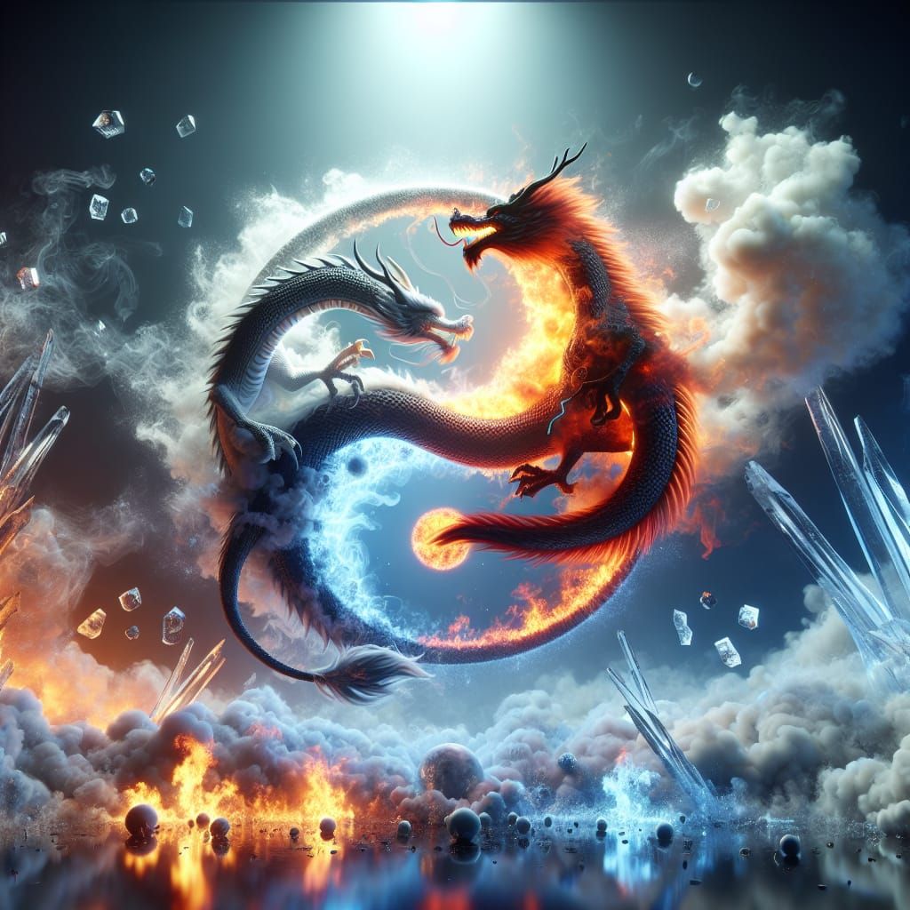 Fire and Ice Dragons in Yin Yang: 3D Render