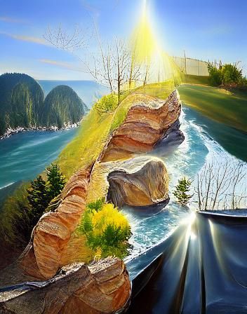 Hyperrealistic Cliff Between Rivers Under Clear Sky