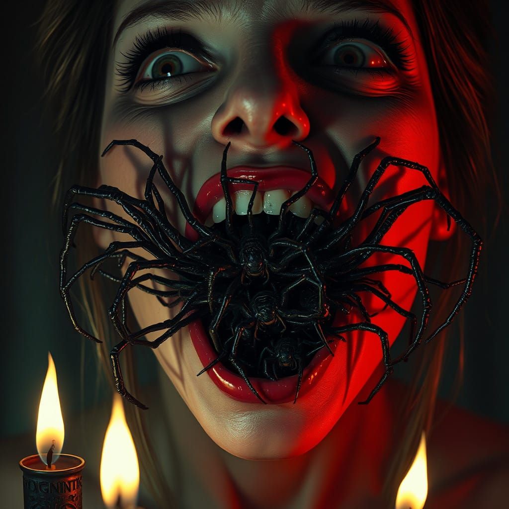 Woman Consumed by Dark, Biomechanical Spiders