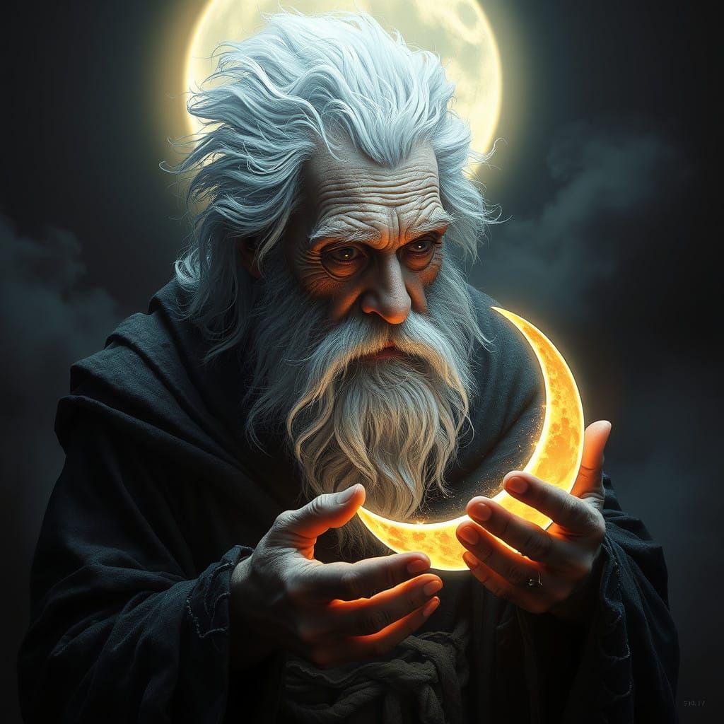 Ancient Sage Cradles Glowing Moon in Ethereal Light