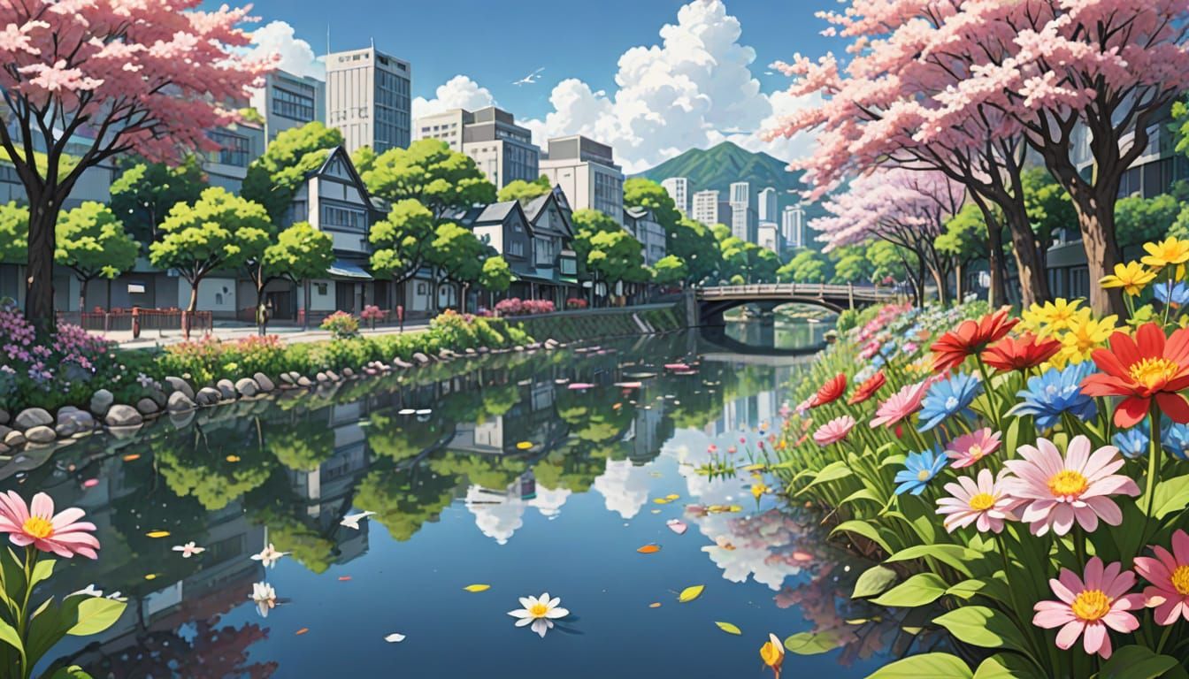 Pencil Flowers Bloom by City River in Anime Style