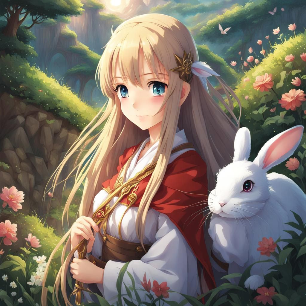 Fantasy Girl with Rabbit in Anime Style