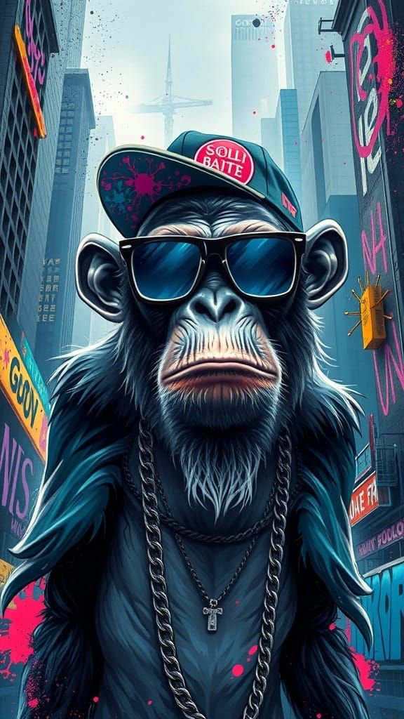 Chimpanzee Rapper in Futuristic Cityscape with Graffiti Art