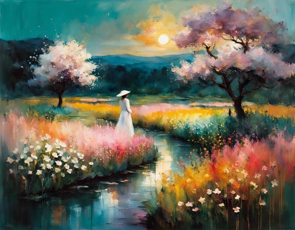 Surreal Garden Scene in Vibrant Colors and Soft Focus