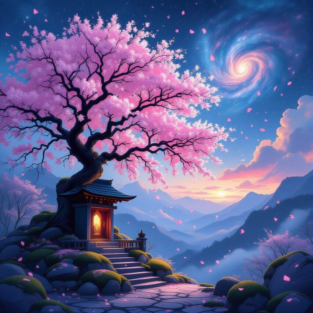 Sakura Tree Under Galactic Twilight Sky