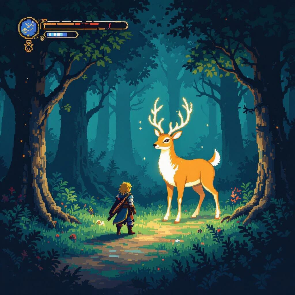 Mystical Deer Guides Warrior: 16-bit SNES Style