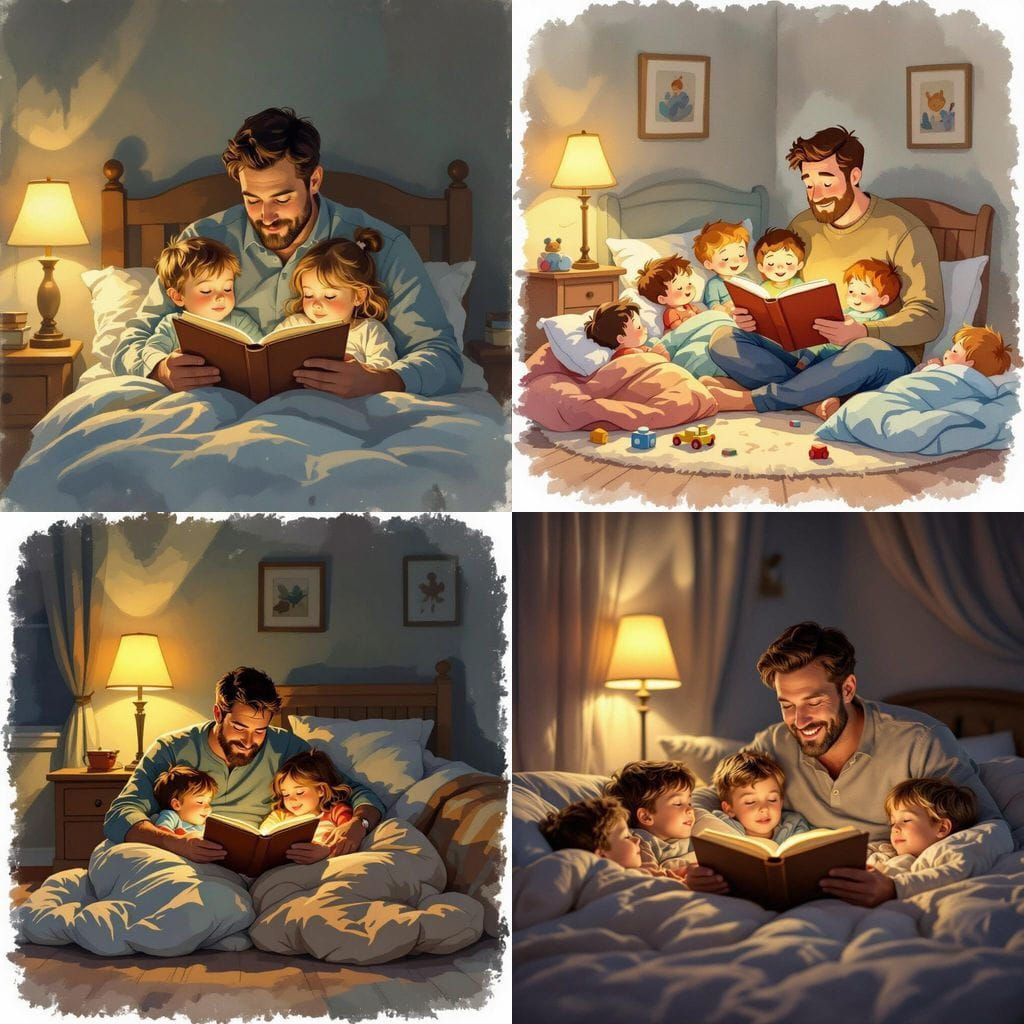 Father Reads Bedtime Story to Children