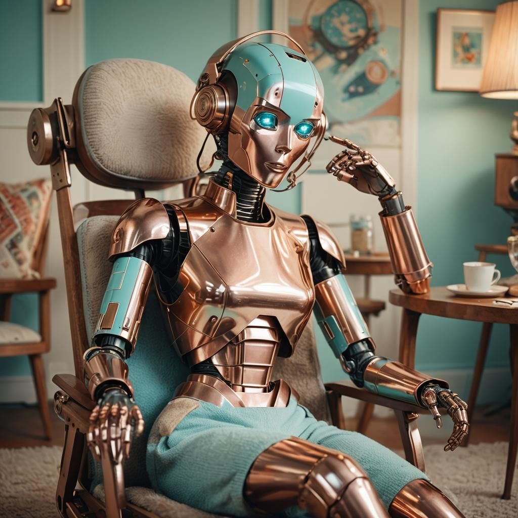 Exhausted Robot in Retro-Futuristic Sci-Fi Portrait