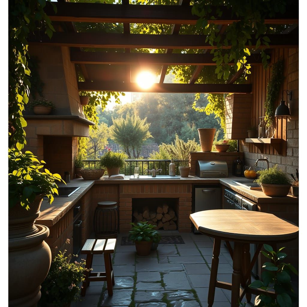 Sunlit Provençal Outdoor Kitchen with Rustic Charm
