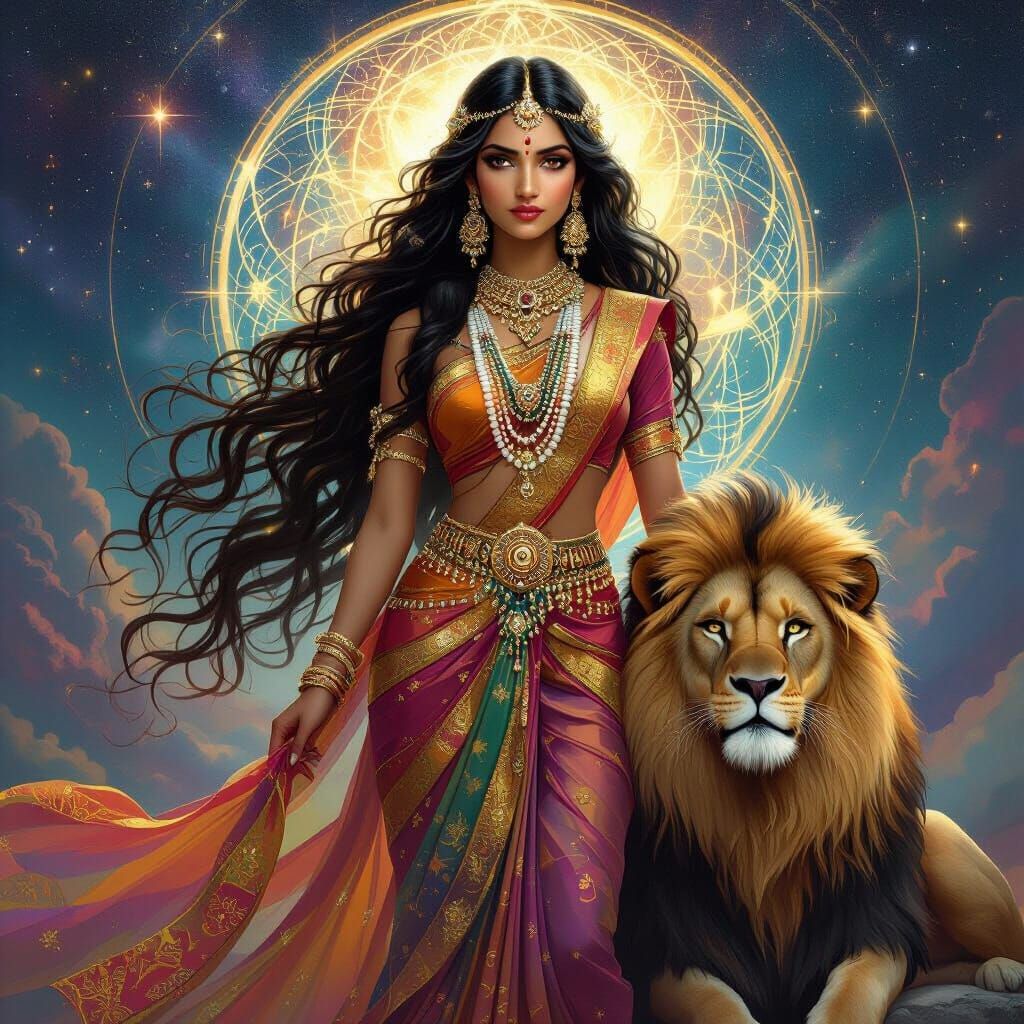 Indian Goddess with Lion in Celestial Realm Fantasy Art