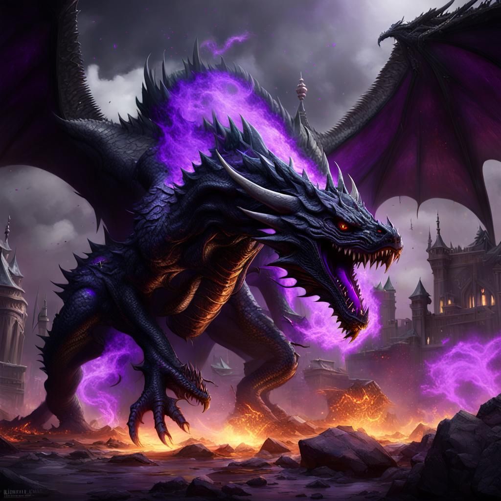 Giant Black Dragon's Fiery Rampage: Dark Fantasy Art