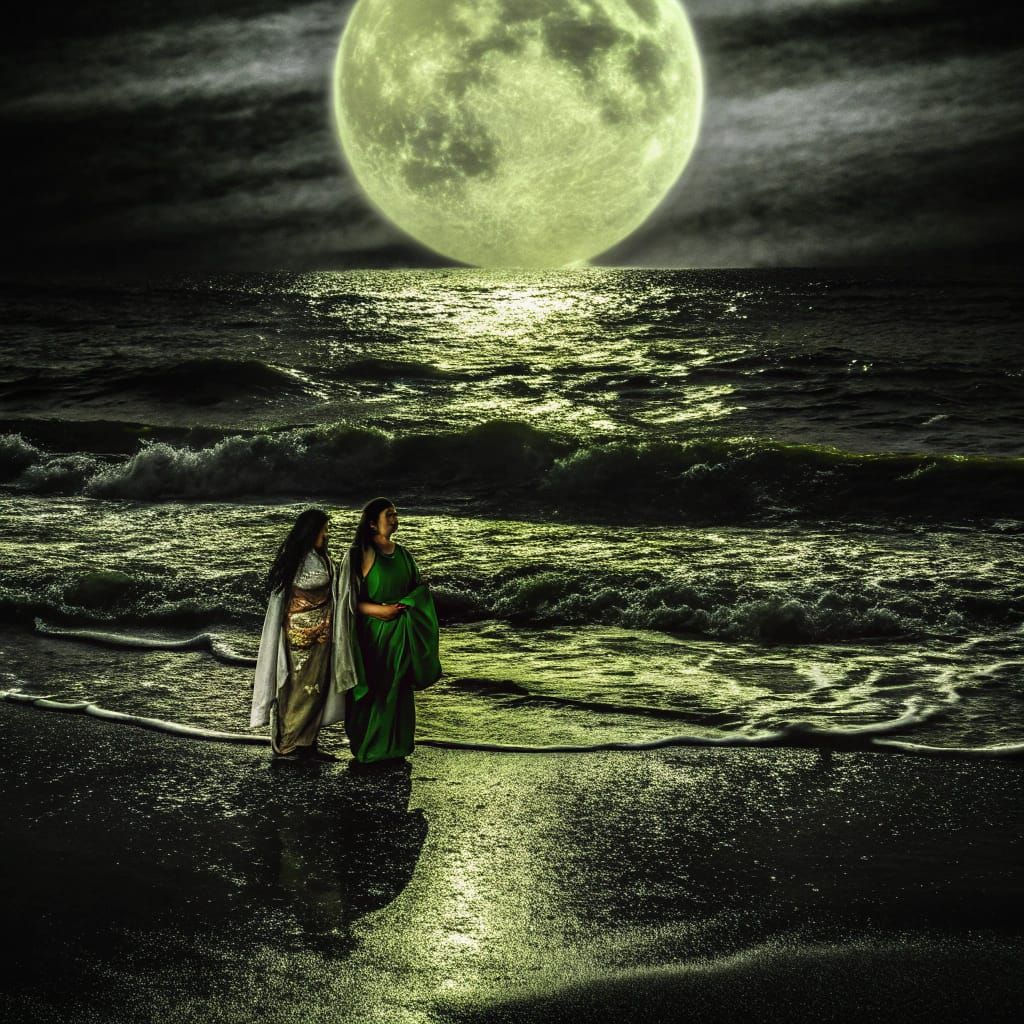 Witches on a Black Sand Beach in Hyper-Realistic Style