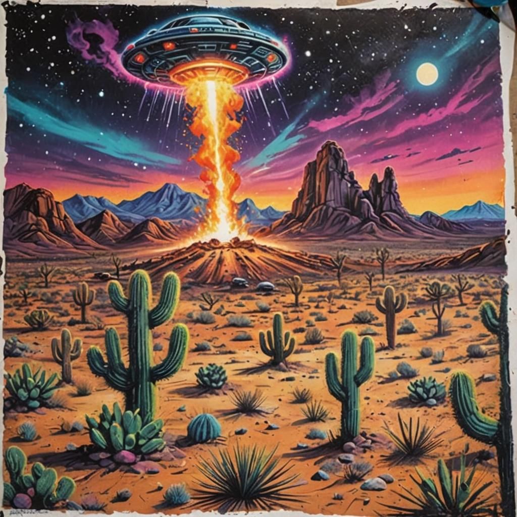 Retro UFO Crash Landing in Desert Poster