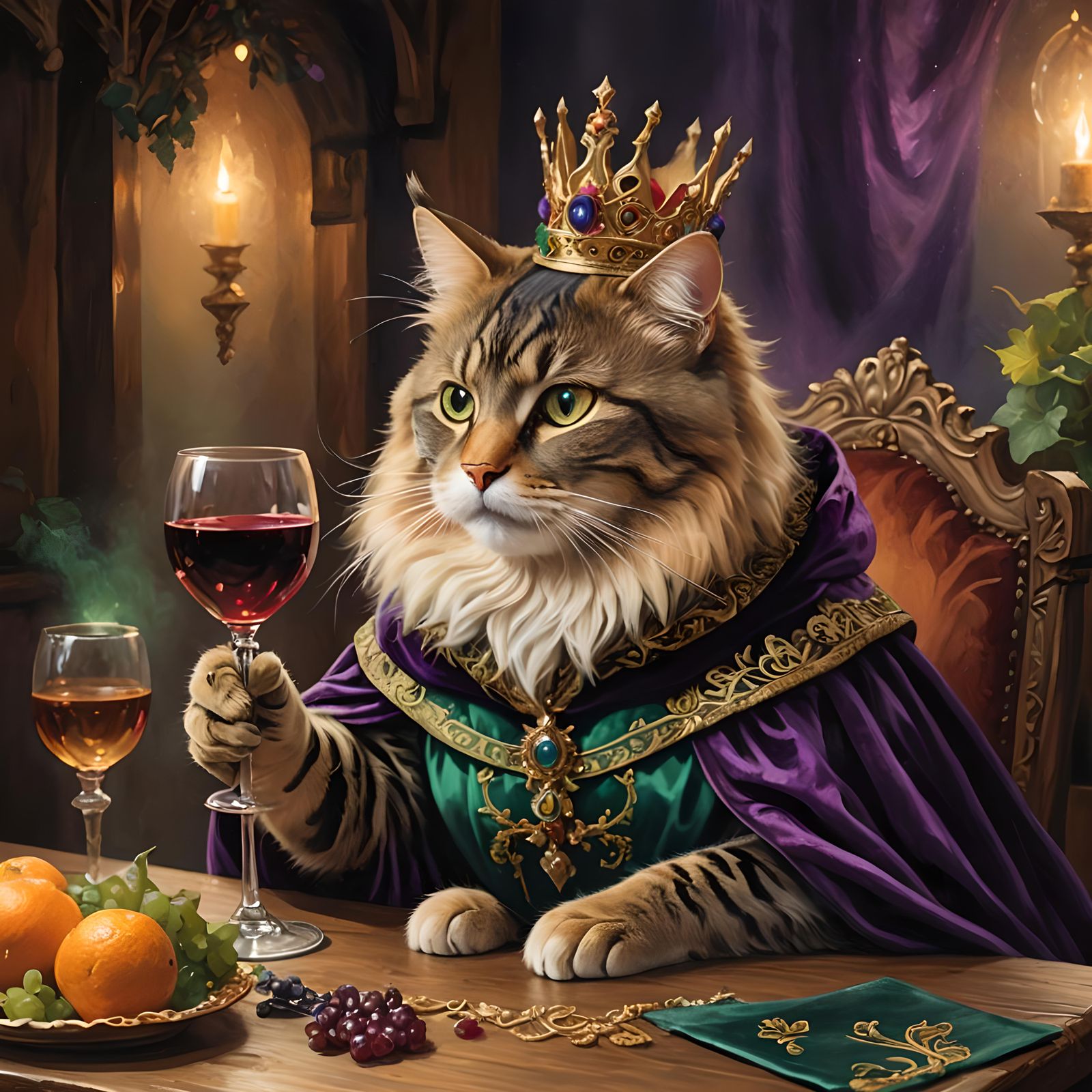Fantastical Cat Enjoys Wine in Detailed Painting