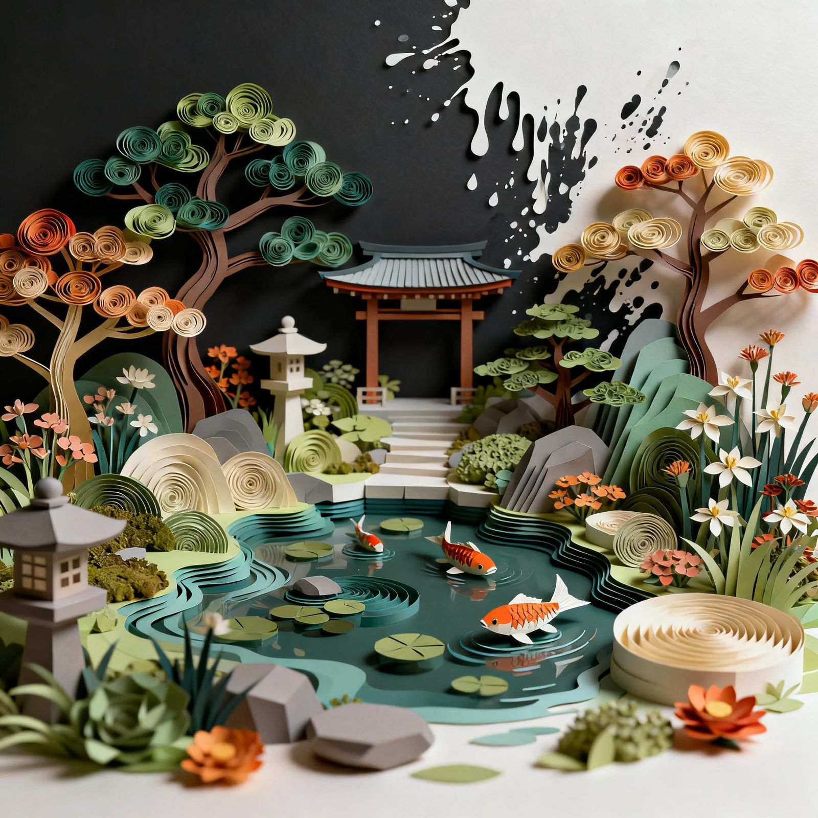 3D Paper Sculpture of Serene Japanese Garden