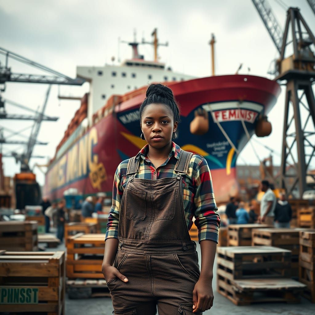 Feminist Labourer Stands Tall in Industrial Dockyard