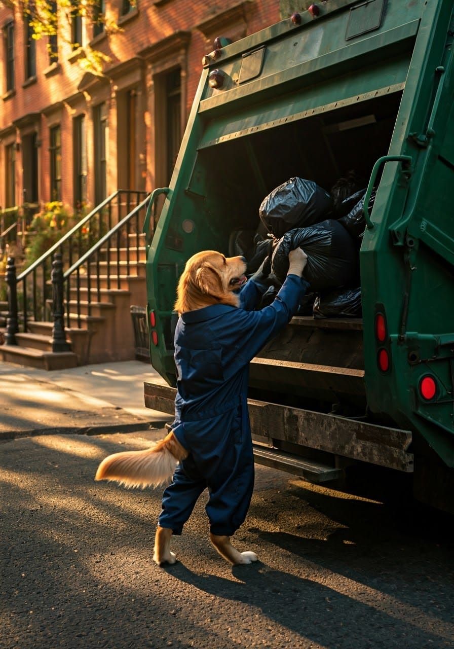 Determined Golden Retriever Sanitation Worker in Morning Lig...