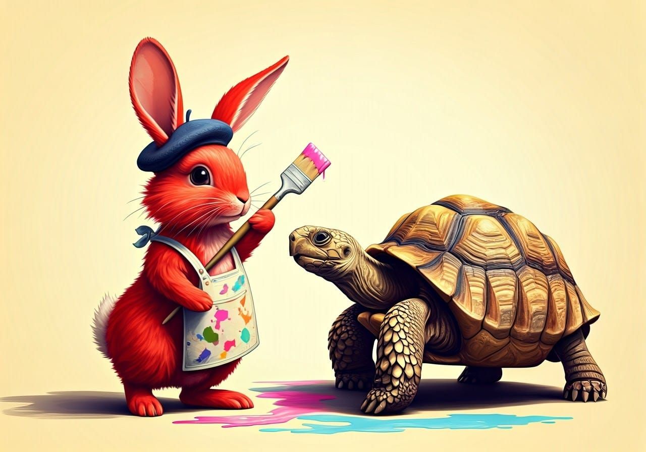Whimsical Painting of Rabbit and Tortoise Collaborate in Vib...