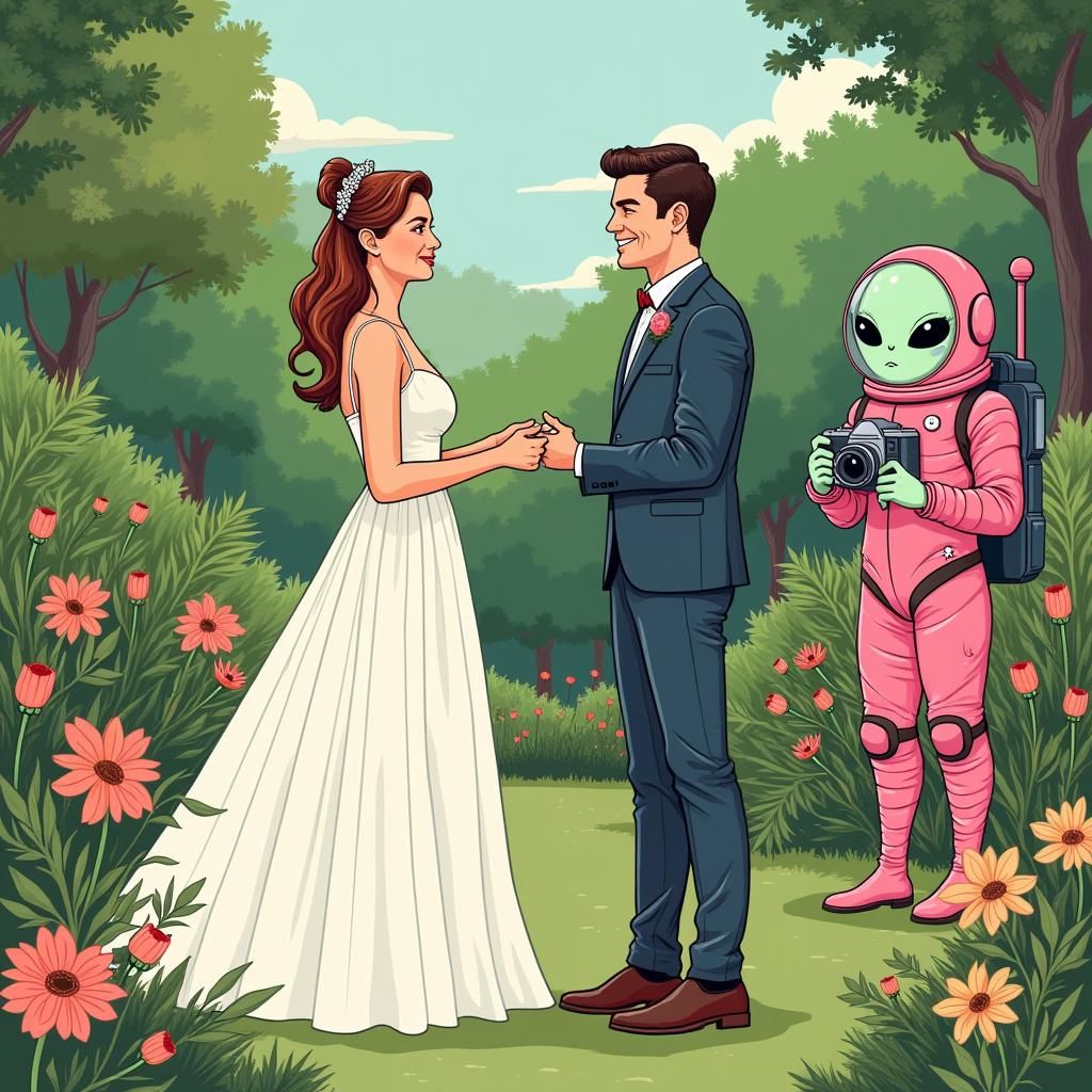 Alien Photobombs Wedding in Playful Surreal Style