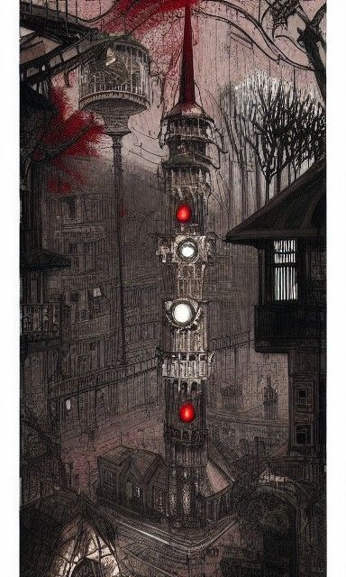 Surreal Bone Clock Tower in Bleak Cityscape