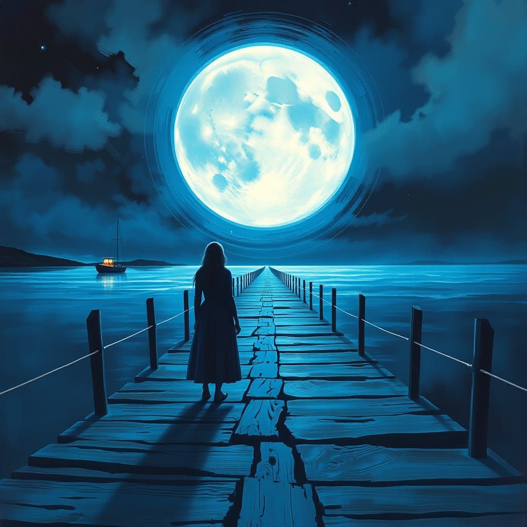 Woman Gazes at Moon in Mystical Realism Style