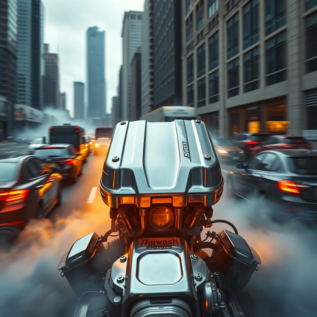 Aluminum Engine Block in Traffic Jam, Digital Art