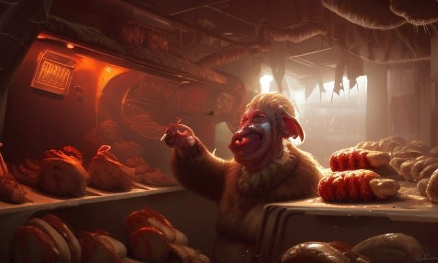 Alien Elf Butcher Shop Sausage Theft, Greg Rutkowski Style
