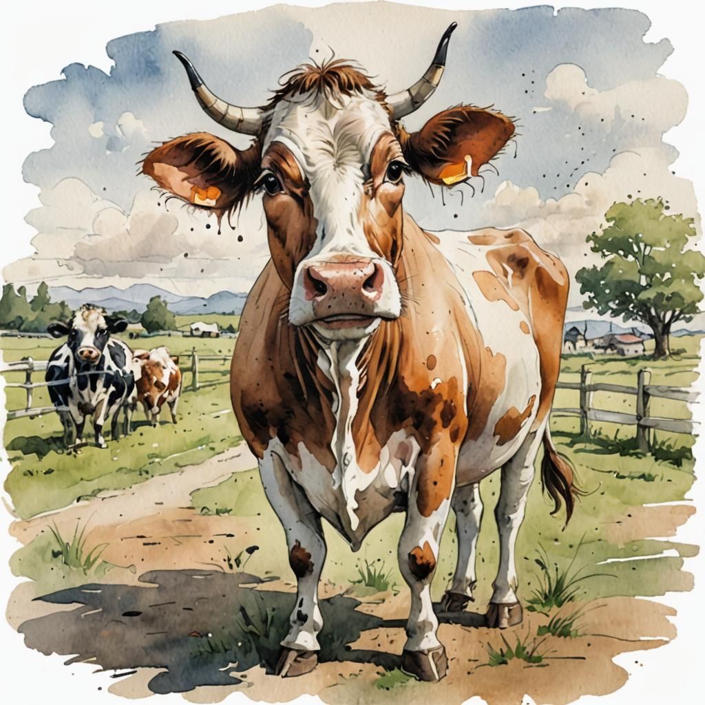 Whimsical Cow Caricature in Line and Wash Style