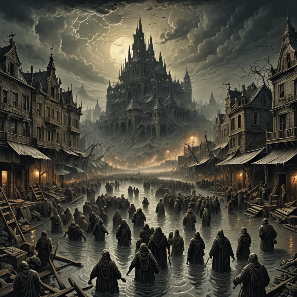 Global Warming Flood: Intense Chaos in Dark Evening