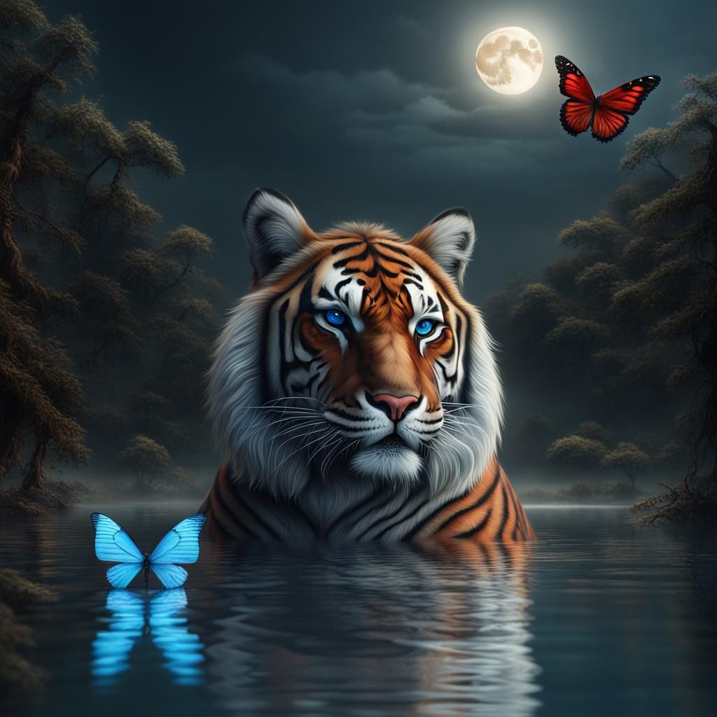 Black Tiger with Butterfly and Moon: Digital Art