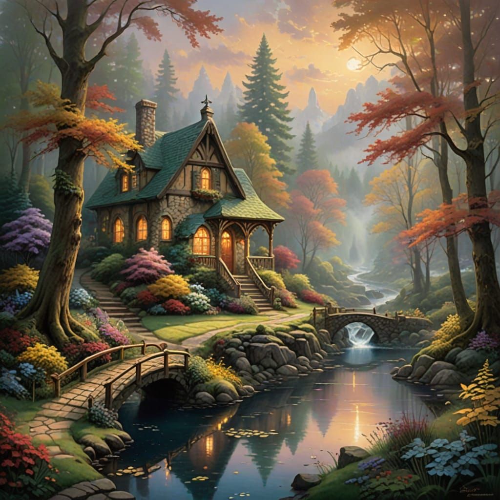 Golden Forest Path at Sunset with Ethereal Mist