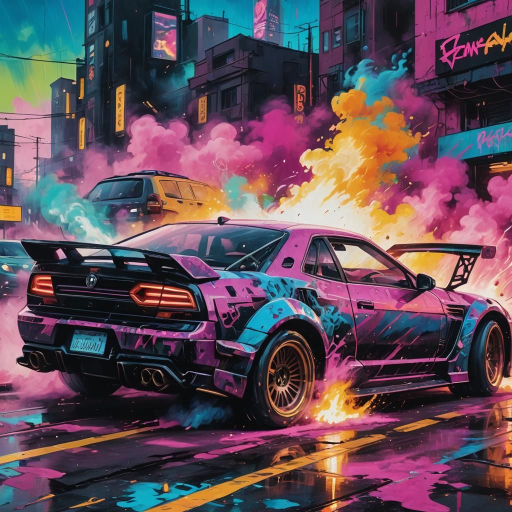 Futuristic Cars Speeding on Neon Track in Cyberpunk Style