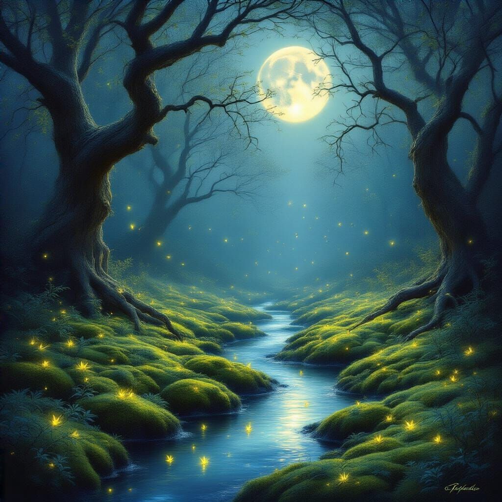 Mystical Moonlit Glade with Glowing Flowers