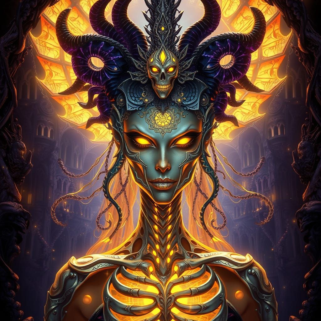 Subterranean Goddess with Androgynous, Skeletal Face in Dark...