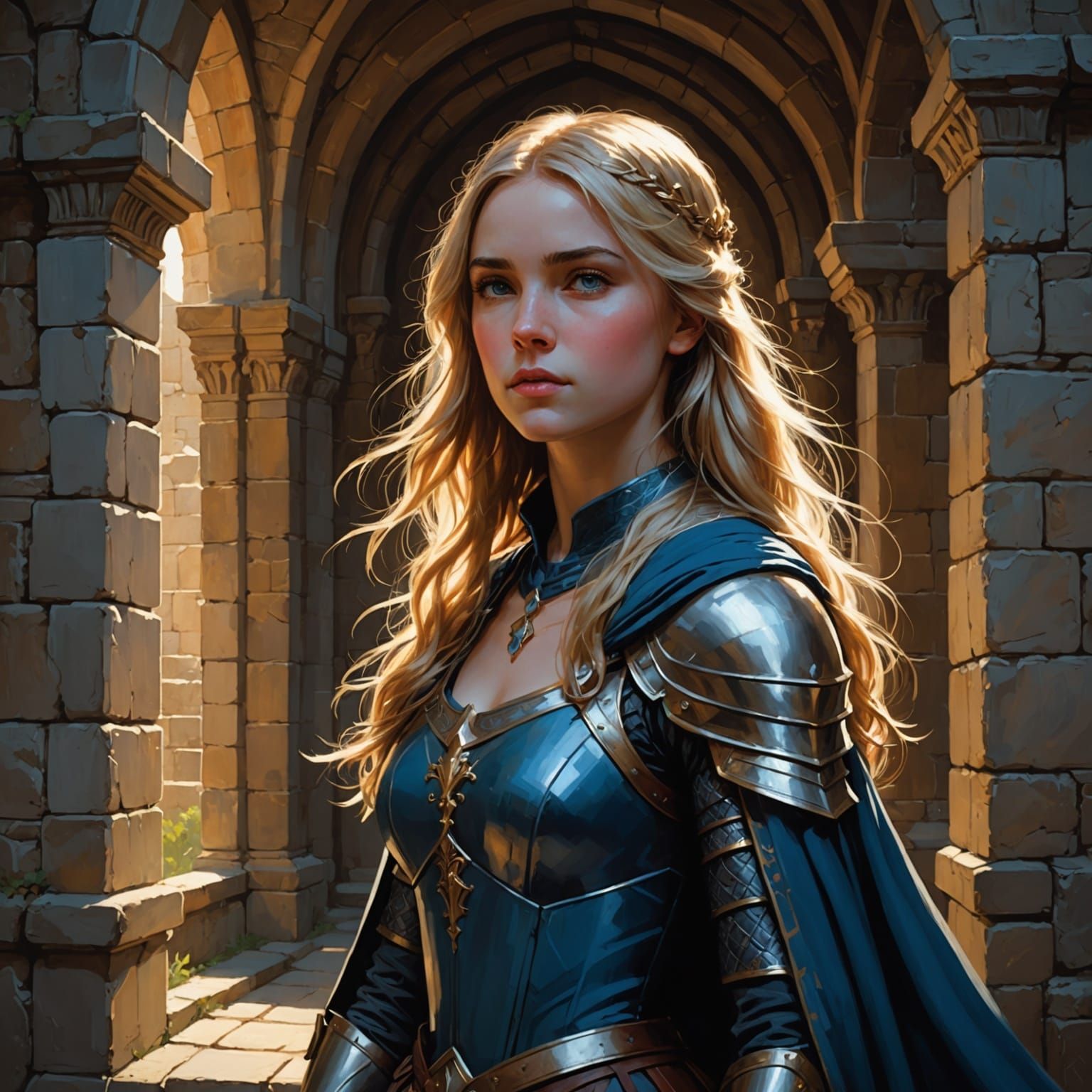 Luminous Paladin Girl in Castle: Chiaroscuro Art