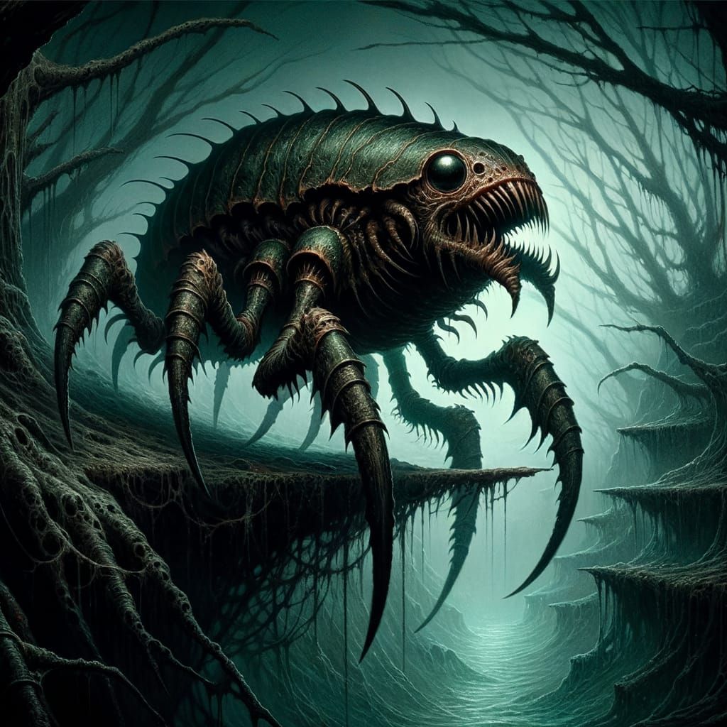 Eerie Fantasy Creature in Shadowy Lair