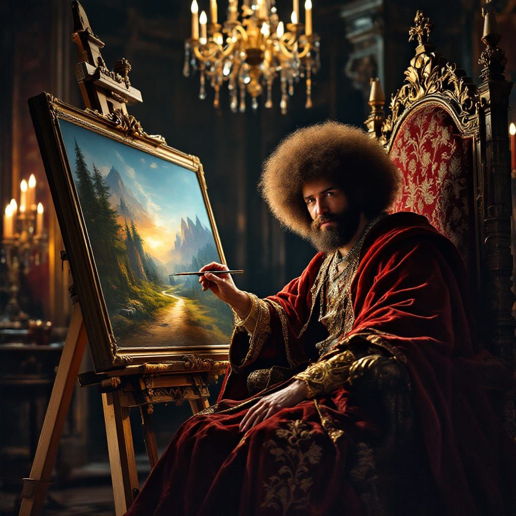 Medieval Bob Ross Painting a Landscape in Baroque Style