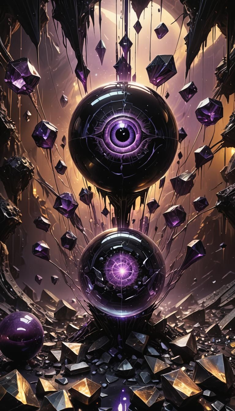 Eerie Black Orb Floating Above Crystals in Surreal Art