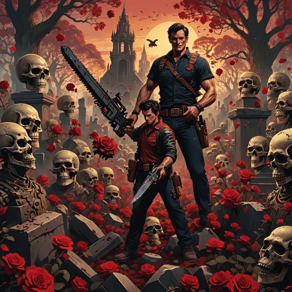 Ash Williams Triumphant in Mystical Graveyard