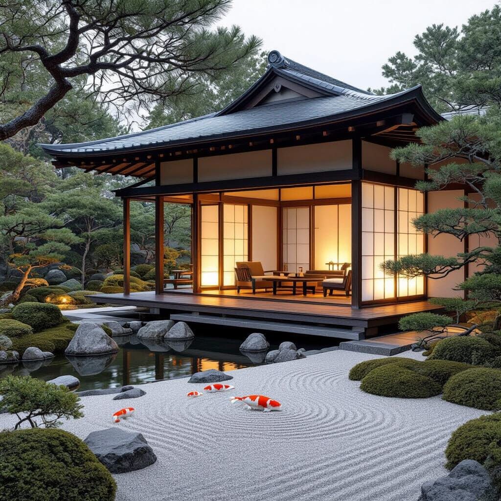 Zen Tea House by Tranquil Koi Pond