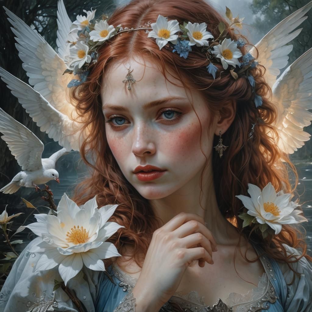 Medieval Woman with Dove: Dreamy Ethereal Painting