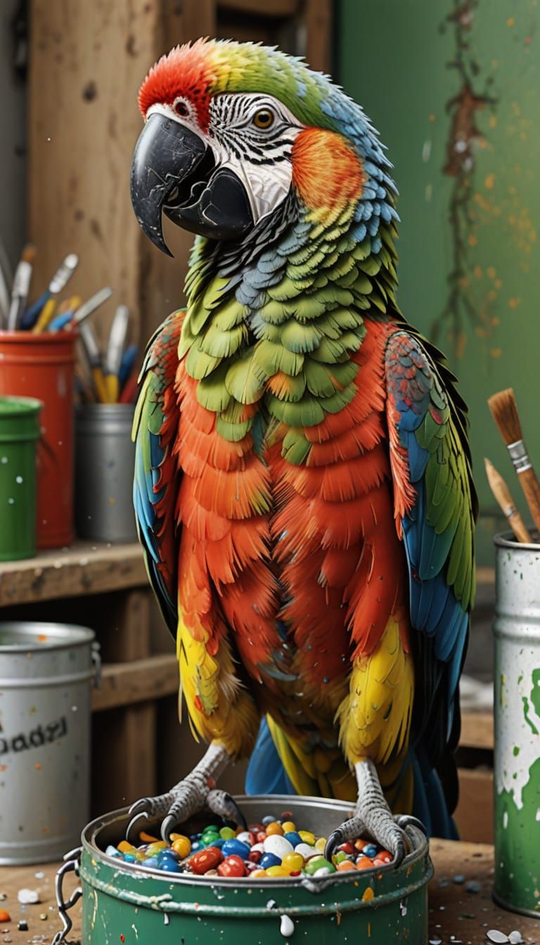 Vibrant Parrot on a Paint-Splattered Tin in a Cluttered Gara...