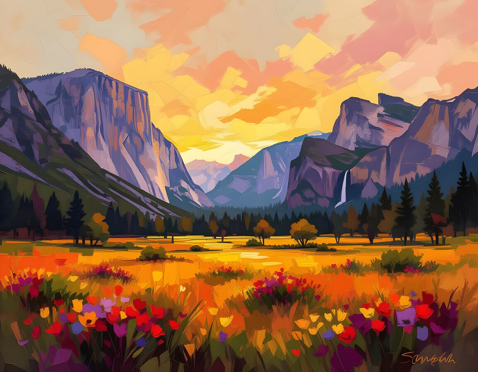 Warm Sunset Over Yosemite Valley in Abstract Style